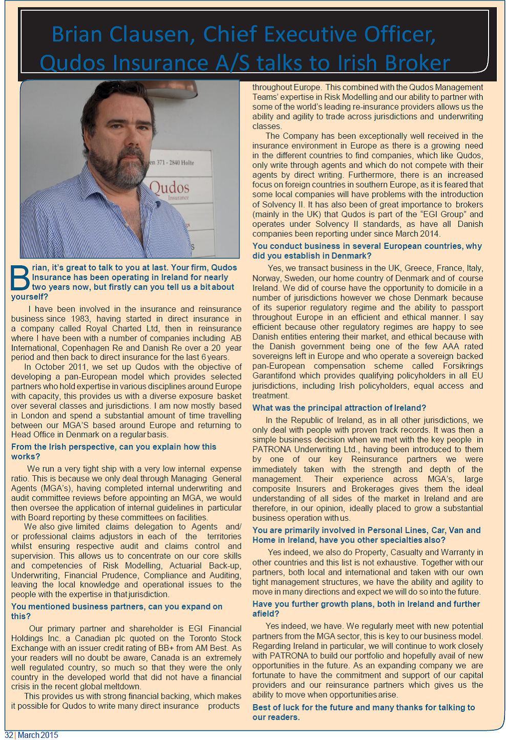 Qudos CEO Interview: Irish Broker Magazine Qudos Insurance Patrona Irish Broker Interview